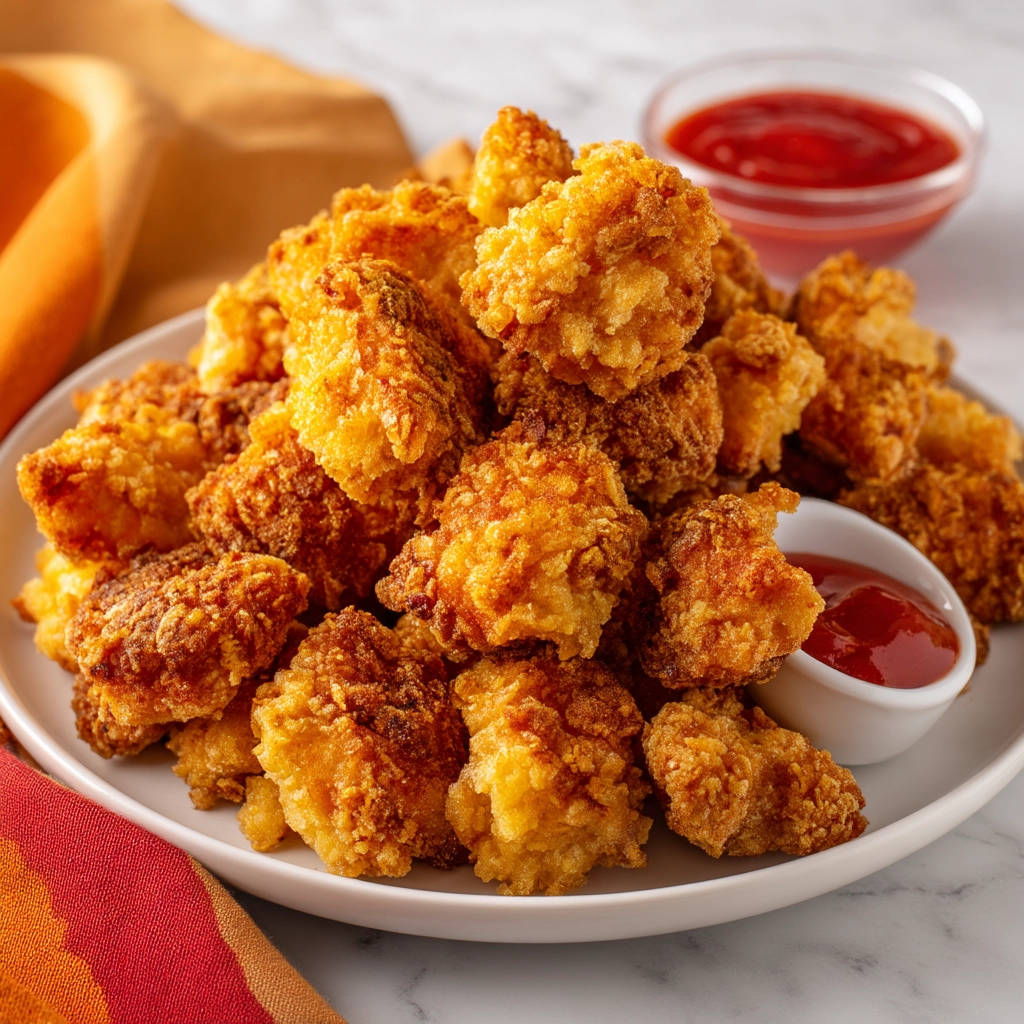 Crispy chicken bites plated with ketchup in small dipping bowls, showcasing their golden-brown texture.
