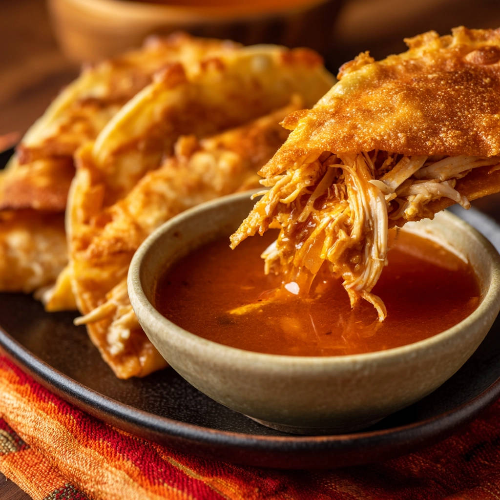 Crispy chicken flautas being dipped into a rich, red sauce in a rustic bowl.