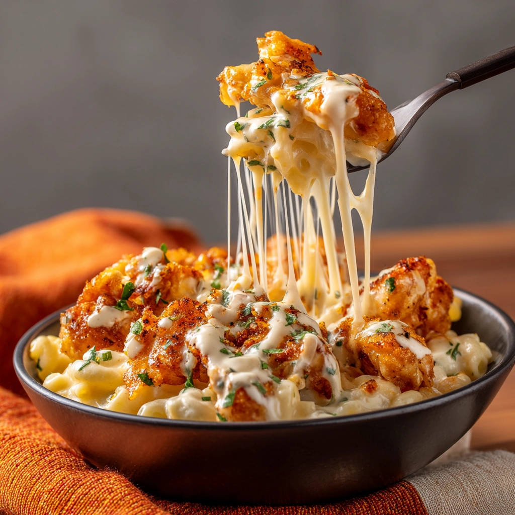 Crispy chicken mac and cheese with a dramatic stringy cheese pull being lifted by a fork.