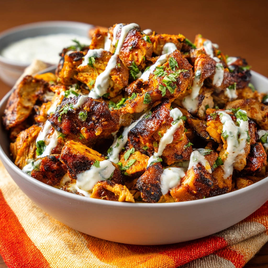 Crispy chicken shawarma generously drizzled with white sauce and garnished with fresh herbs in a bowl.