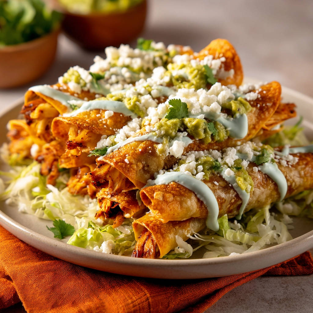 Crispy chicken taquitos garnished with crumbled cheese, avocado, and cilantro on a bed of shredded lettuce.