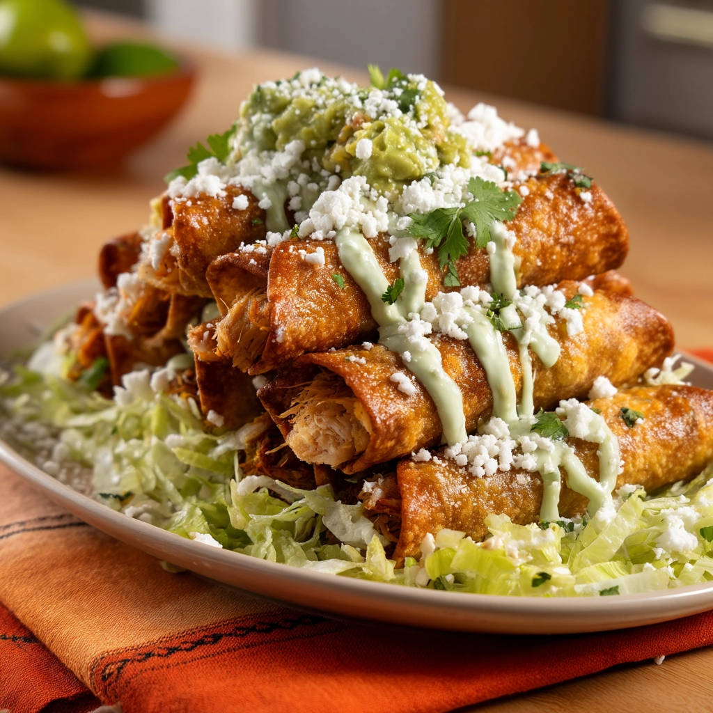 Crispy chicken taquitos stacked high on shredded lettuce and topped with crumbled cheese and guacamole.