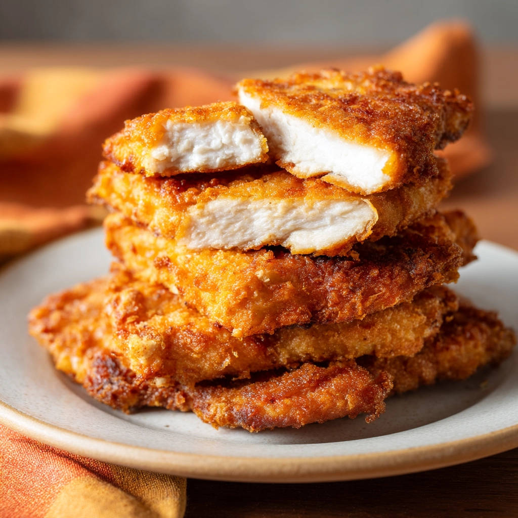 Crispy golden chicken cutlets shown in a close-up cross-section, revealing a juicy interior and golden breading.