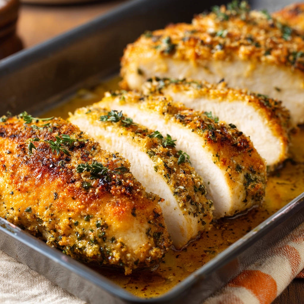Crispy herb crusted chicken sliced to reveal a perfectly cooked interior in a baking dish.