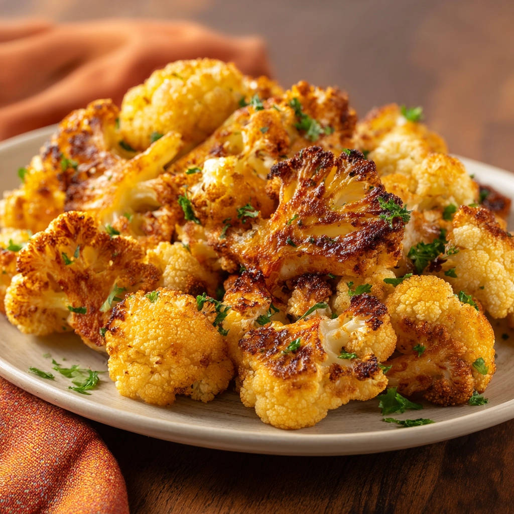 Crispy roasted cauliflower served on a light-colored plate, garnished with parsley, shown in a close-up view.