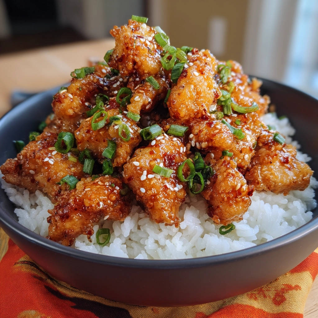 Crispy sesame chicken piled high over white rice, generously garnished with chopped scallions and sesame seeds.