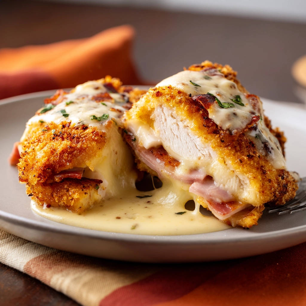 Crispy stuffed chicken, cross-section showing ham and melted cheese oozing out, drizzled with sauce.