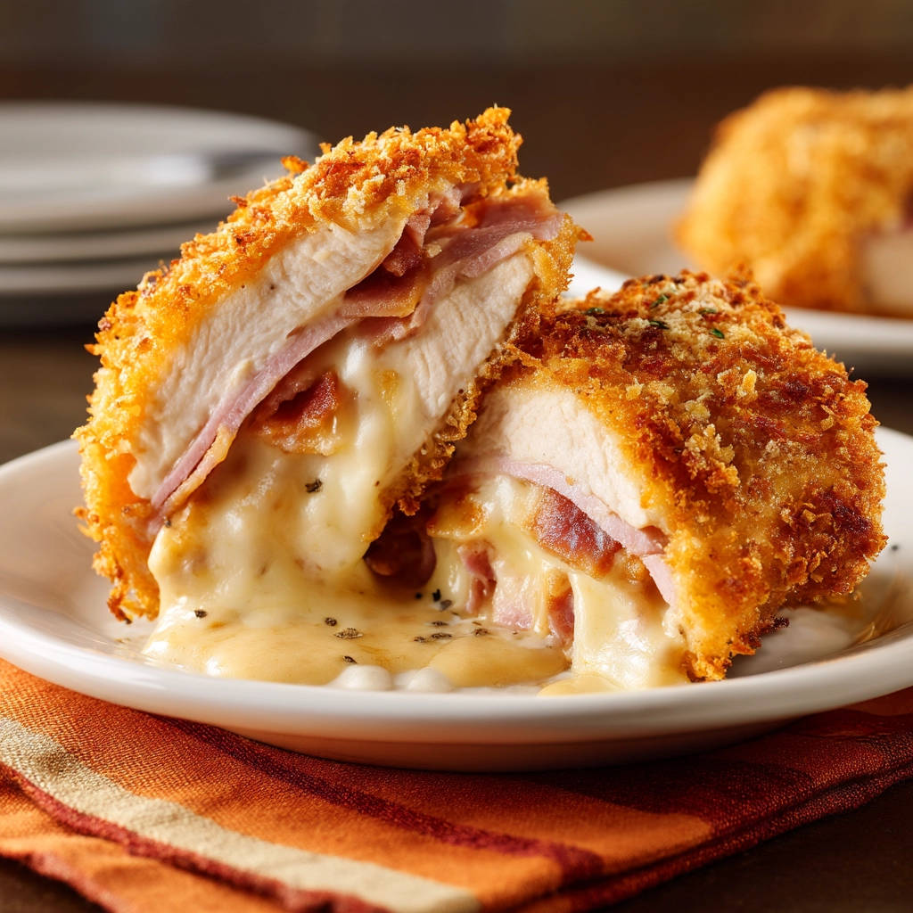Crispy stuffed chicken oozing cheese in a close-up cross-section, showcasing the melted interior.