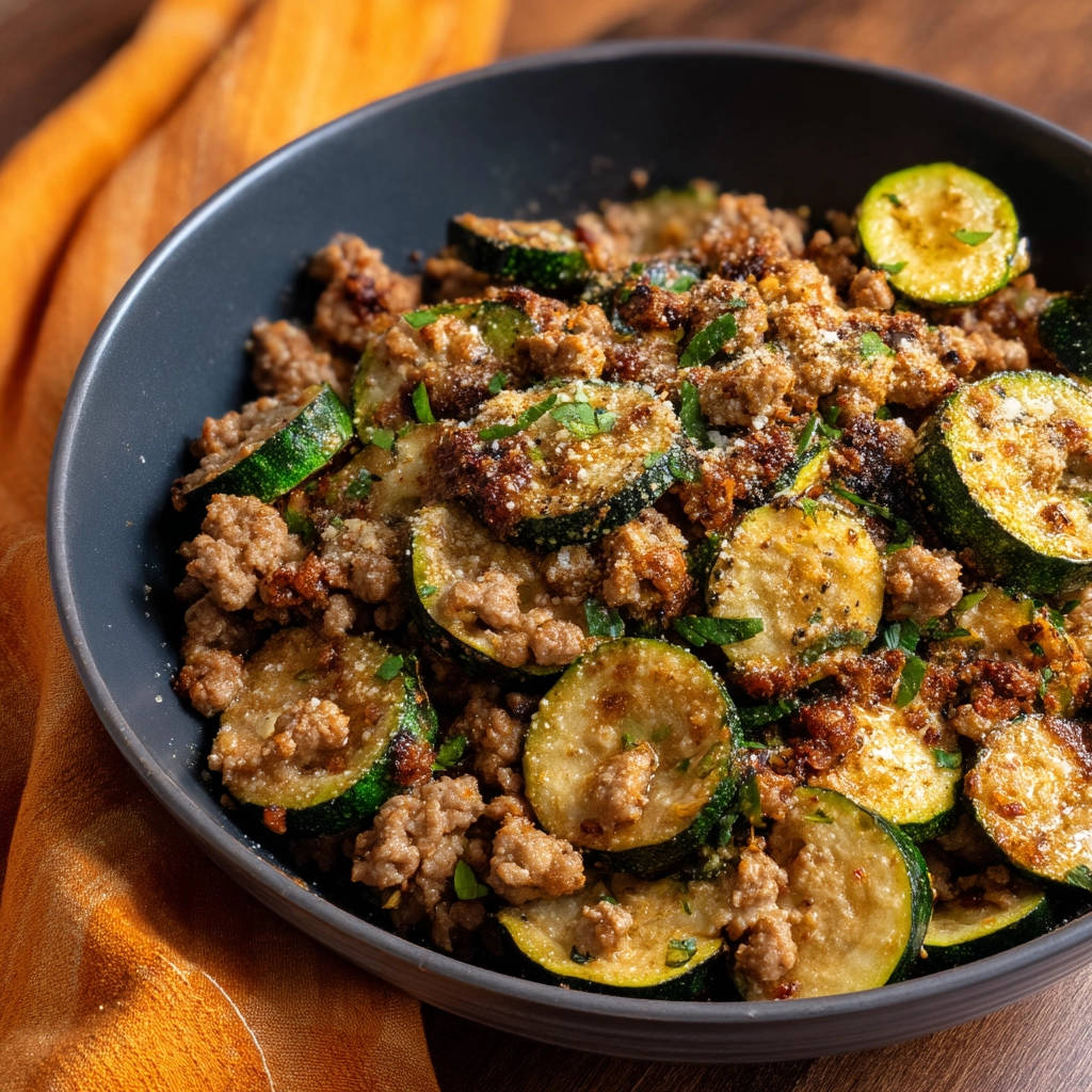 Crispy zucchini with ground chicken delight served in a dark bowl, showcasing a close-up texture of the ingredients.