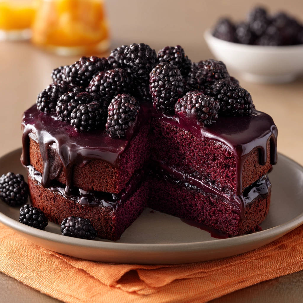 Decadent blackberry cake shown in a close-up cross-section, revealing its rich layers and fresh berry topping.
