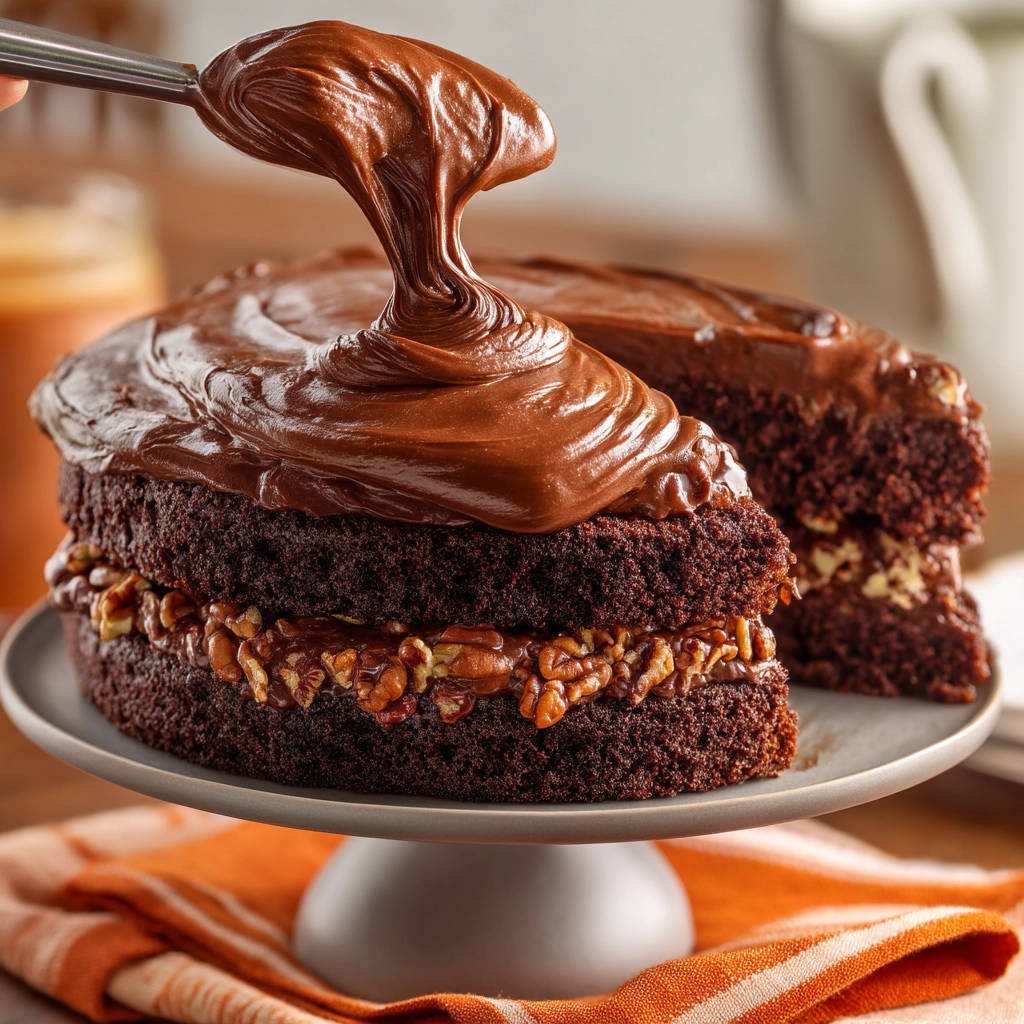Deep dark chocolate layer cake with rich chocolate frosting being poured from a spoon onto the top layer.