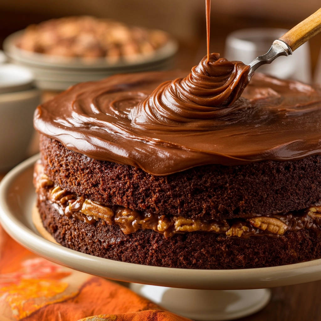 Deep dark chocolate layer cake with rich chocolate glaze being drizzled on top with a fork.