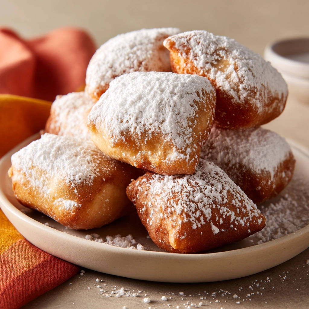 Easy beignets generously dusted with powdered sugar, piled high on a plate.