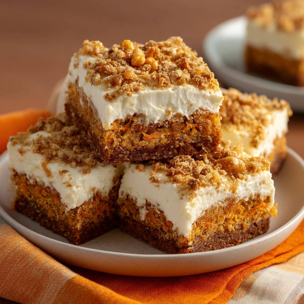 Easy carrot cake bars stacked on a plate, showcasing their moist texture and crumb topping.