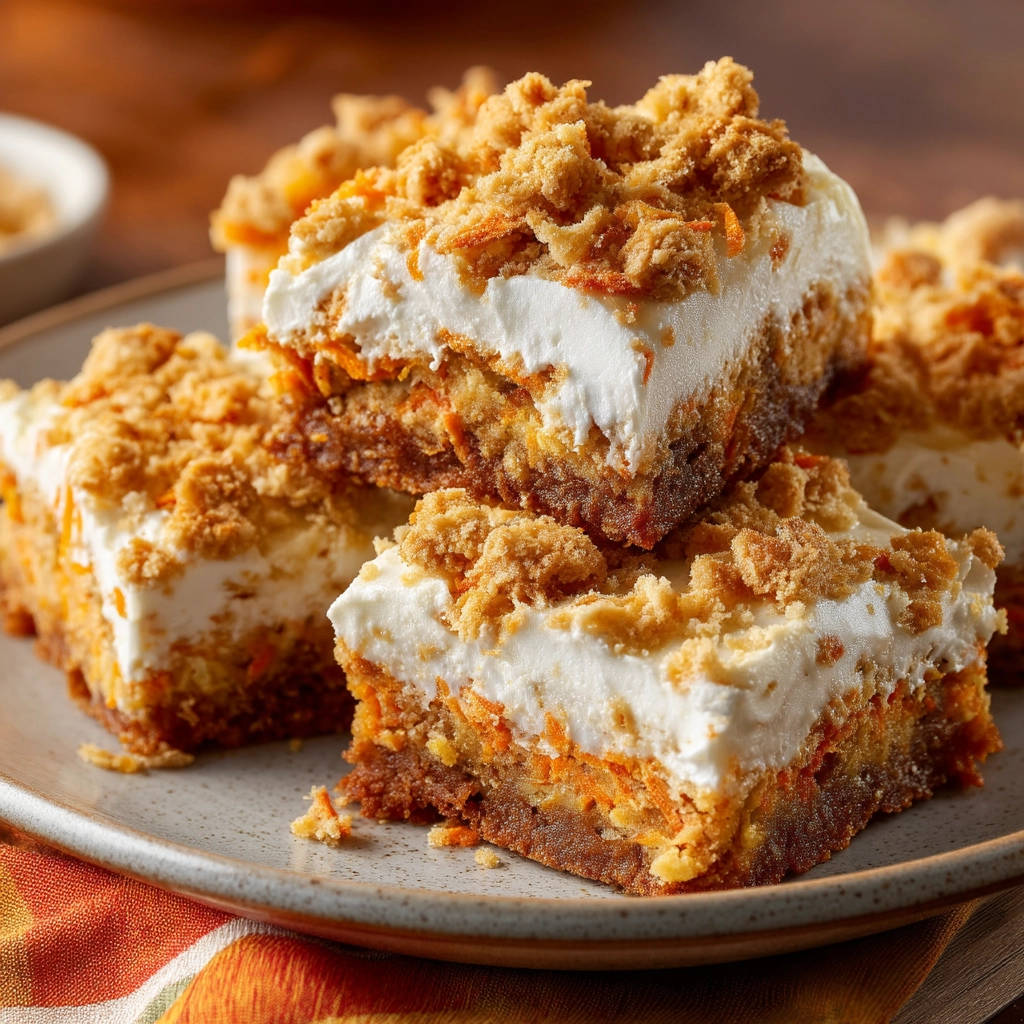 Easy carrot cake bars stacked to show a detailed cross-section with creamy frosting and streusel topping.