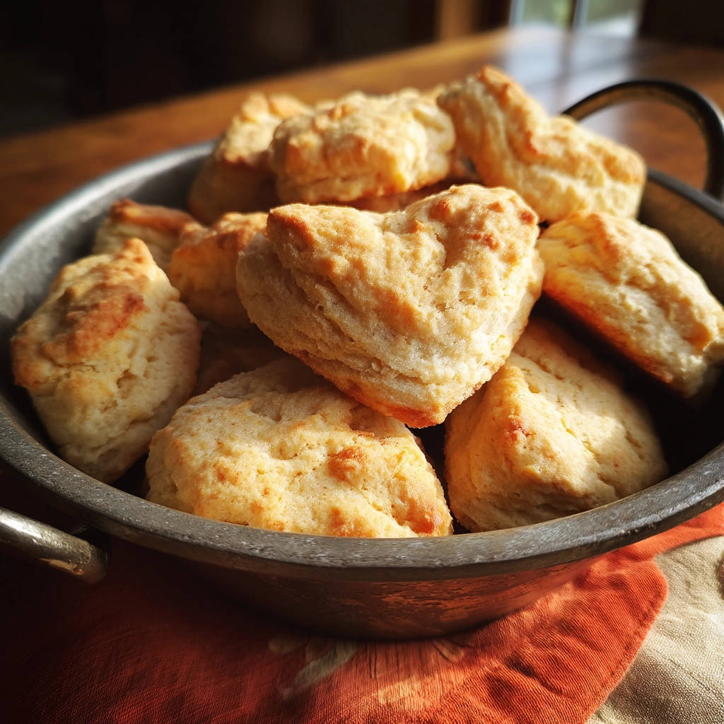 Easy fluffy biscuits with a heart shape visible in the center of the bowl, showcasing their golden-brown texture.