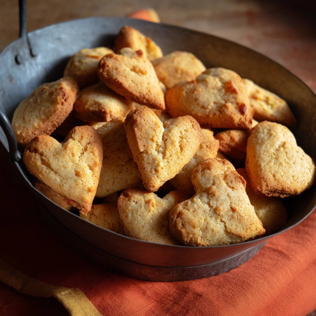 Easy fluffy biscuits shaped like hearts are piled high in a rustic metal bowl, ready to be served.