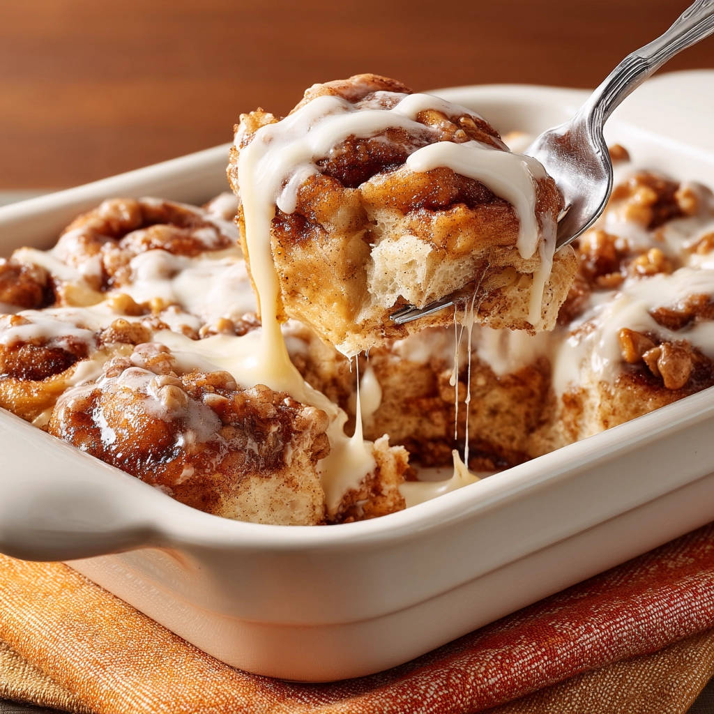 Easy homemade cinnamon rolls with a fork pulling up a gooey, iced roll, showing its soft texture.