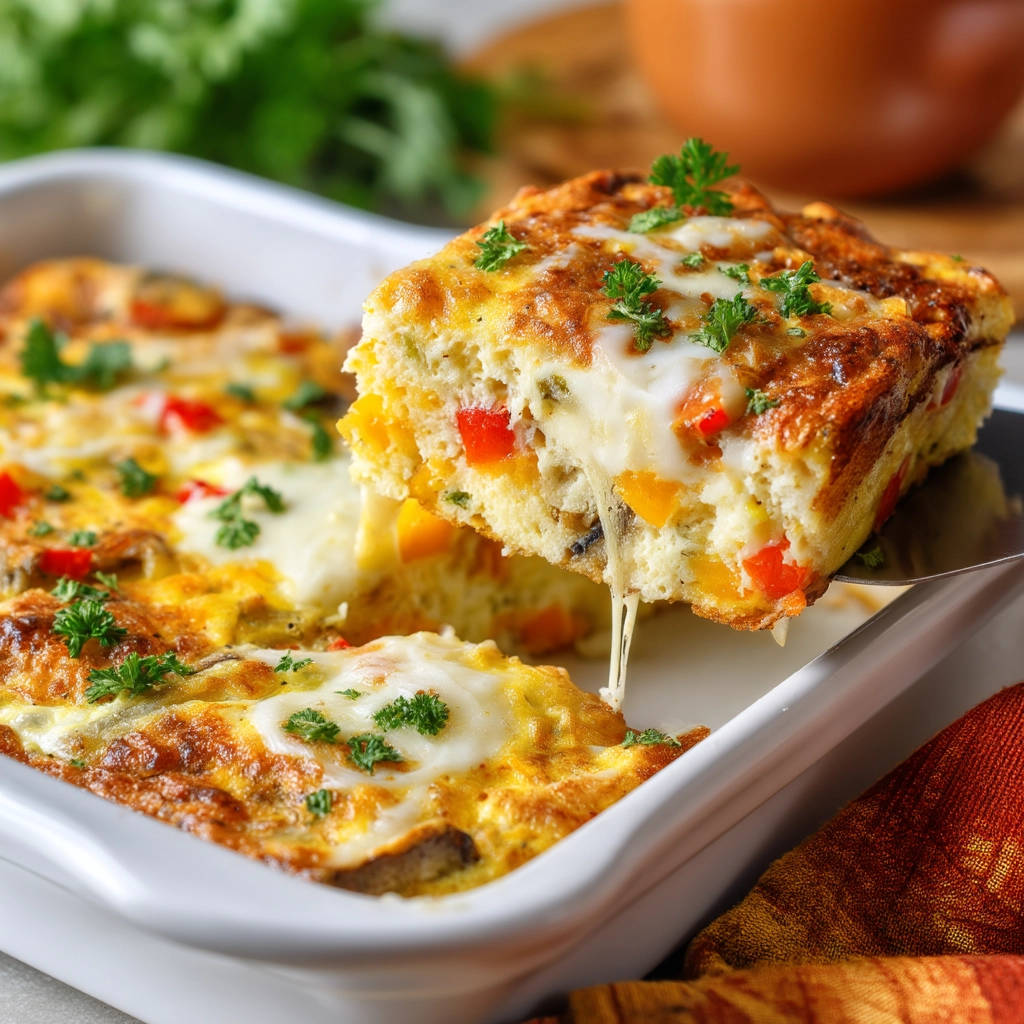 Easy veggie egg bake slice lifted from baking dish, showing cheesy, colorful interior with fresh parsley garnish.