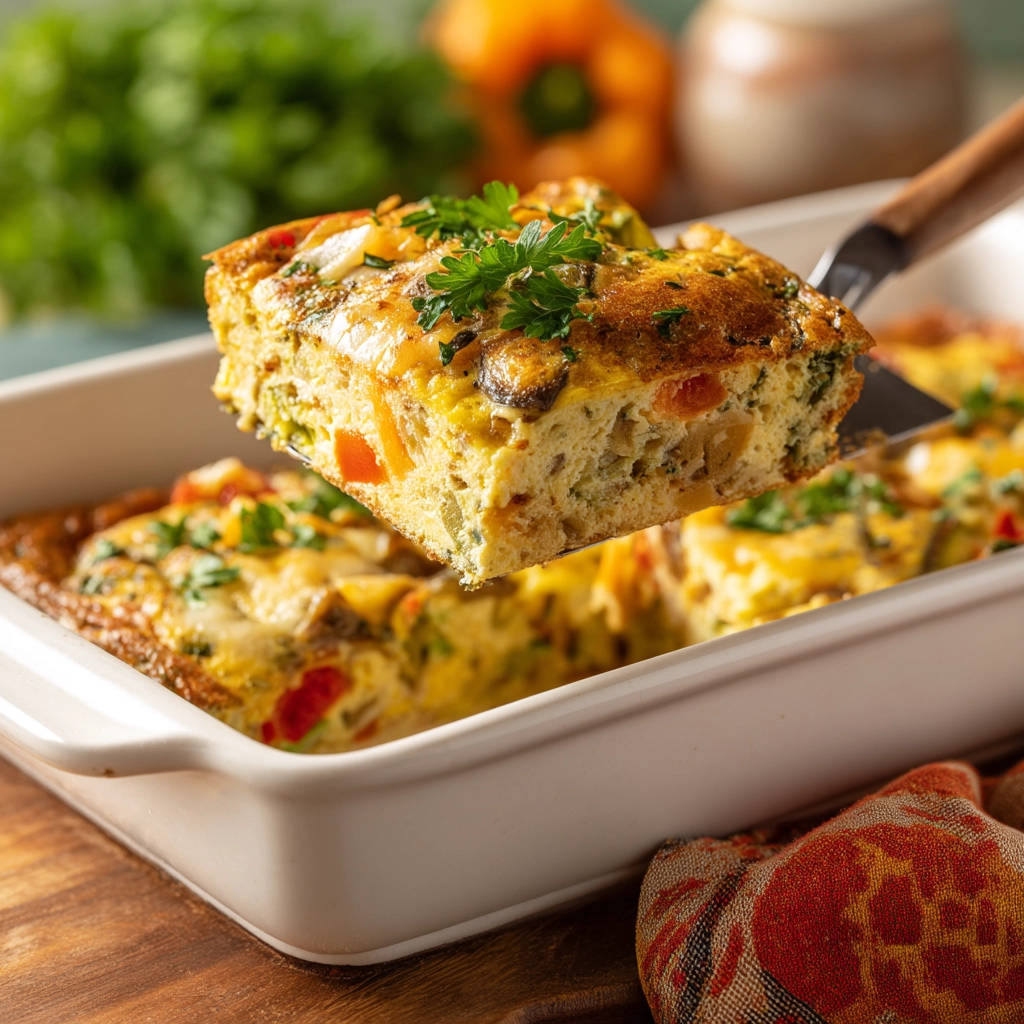 Easy veggie egg bake slice being lifted from the baking dish with a spatula, showing a close-up view of the interior.