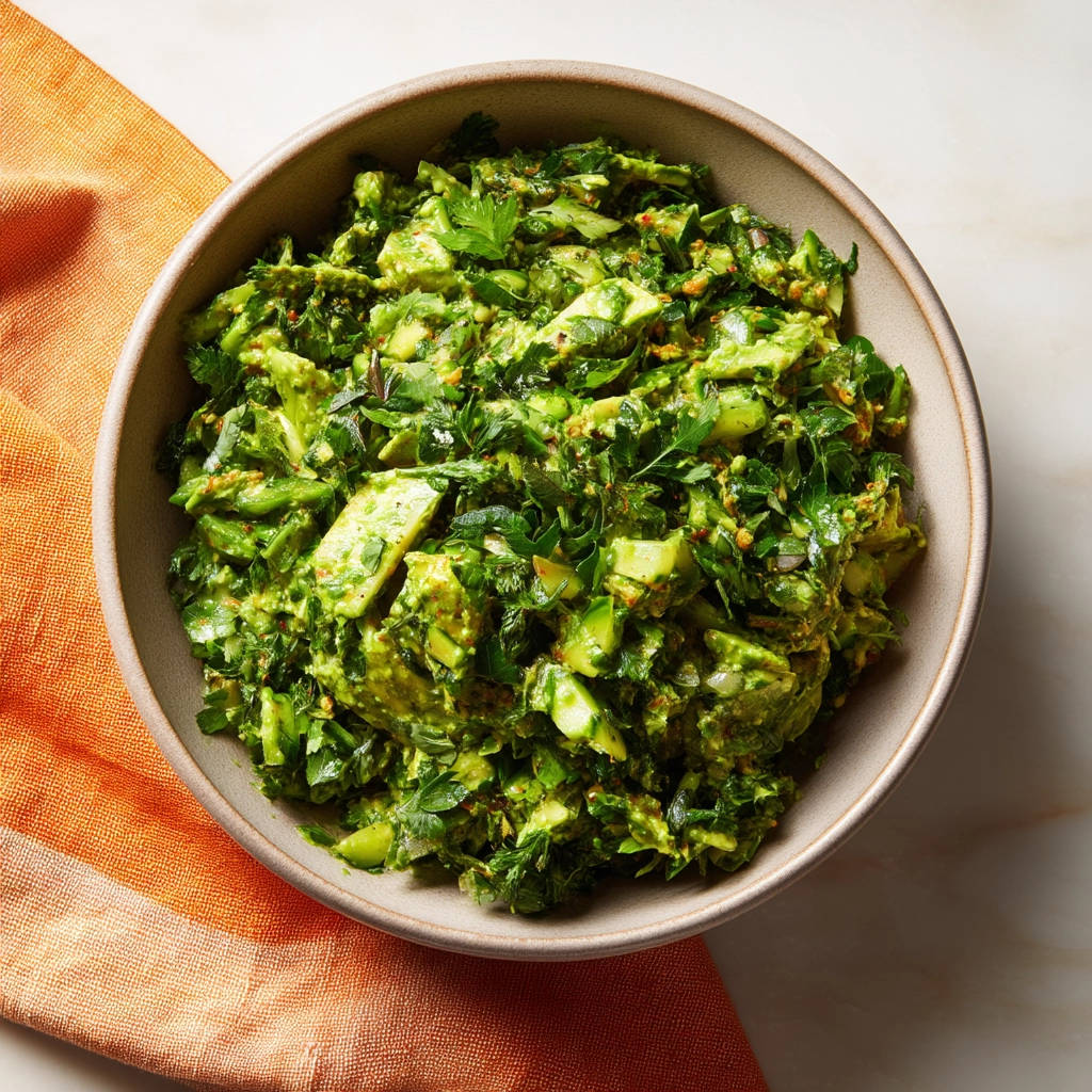 Elevated avocado salad in a rustic bowl, a vibrant mix of diced avocado and fresh herbs, shown from an overhead perspective.