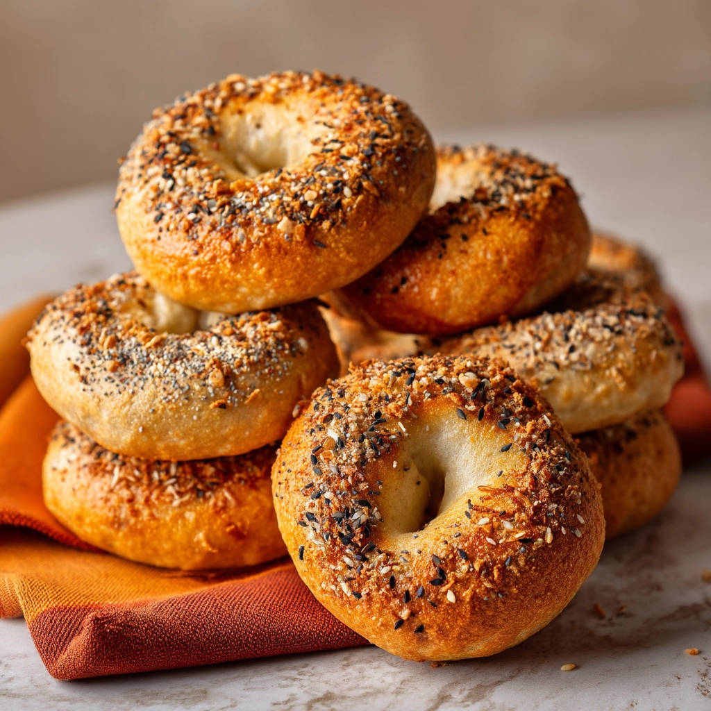 Everything bagels are stacked on an orange napkin, showcasing their toasted sesame seed and poppy seed toppings.