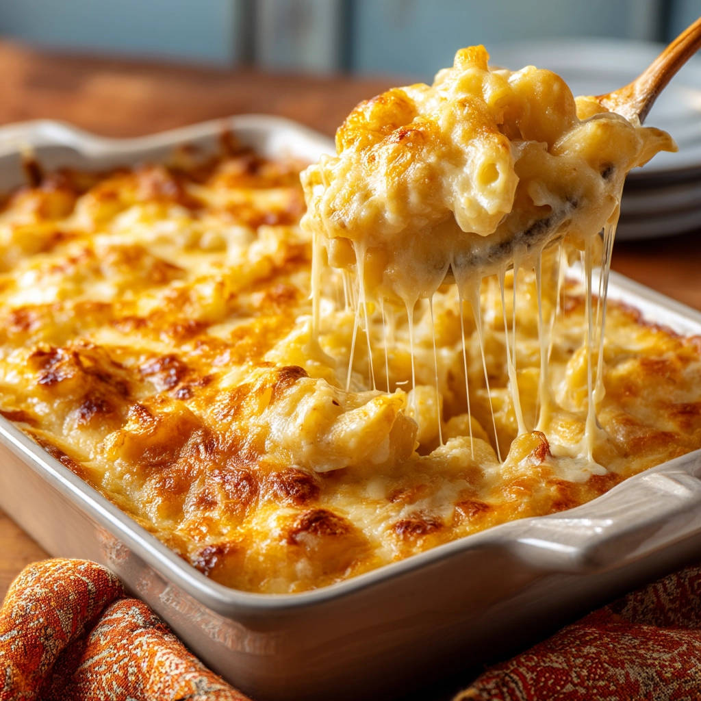 Extra cheesy mac and cheese with a dramatic gooey cheese pull being lifted from the baking dish.