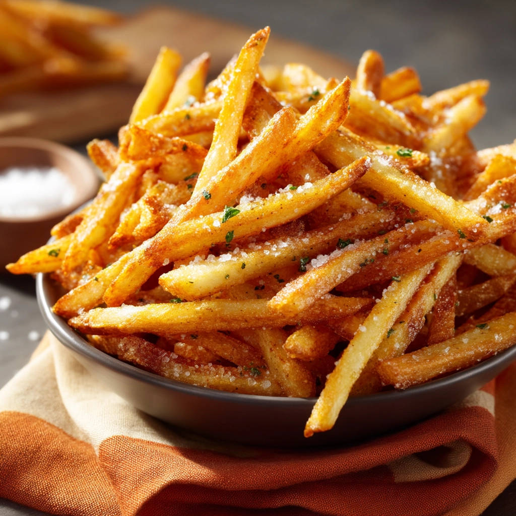 Extra crispy french fries generously seasoned with salt and herbs piled high in a dark bowl.