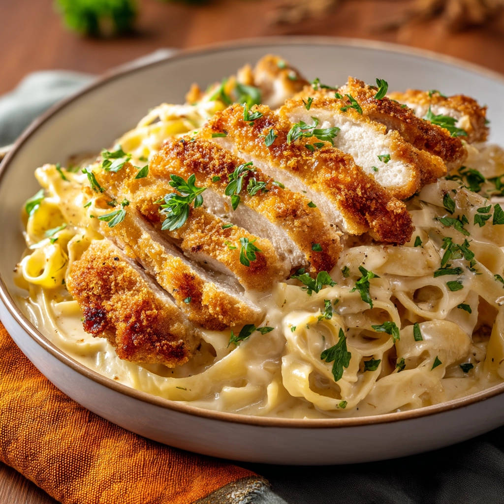 Creamy fettuccine alfredo with crispy chicken, sliced and served in a bowl with a close-up view of the pasta and chicken.