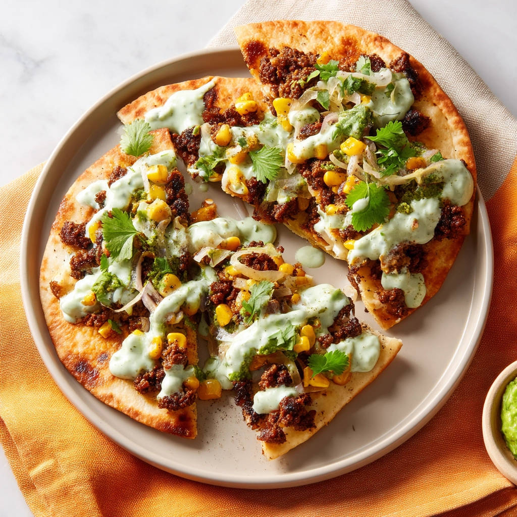Flavorful flatbread with spiced meat, corn, and a creamy green drizzle, sliced and garnished with cilantro.