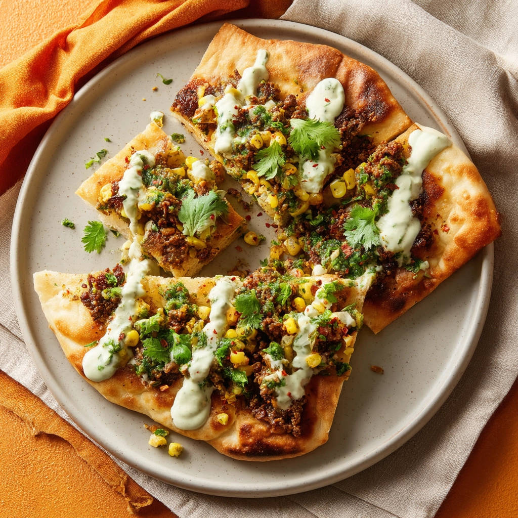 Flavorful flatbread with spiced meat, corn, and cilantro sauce, sliced and served on a plate.