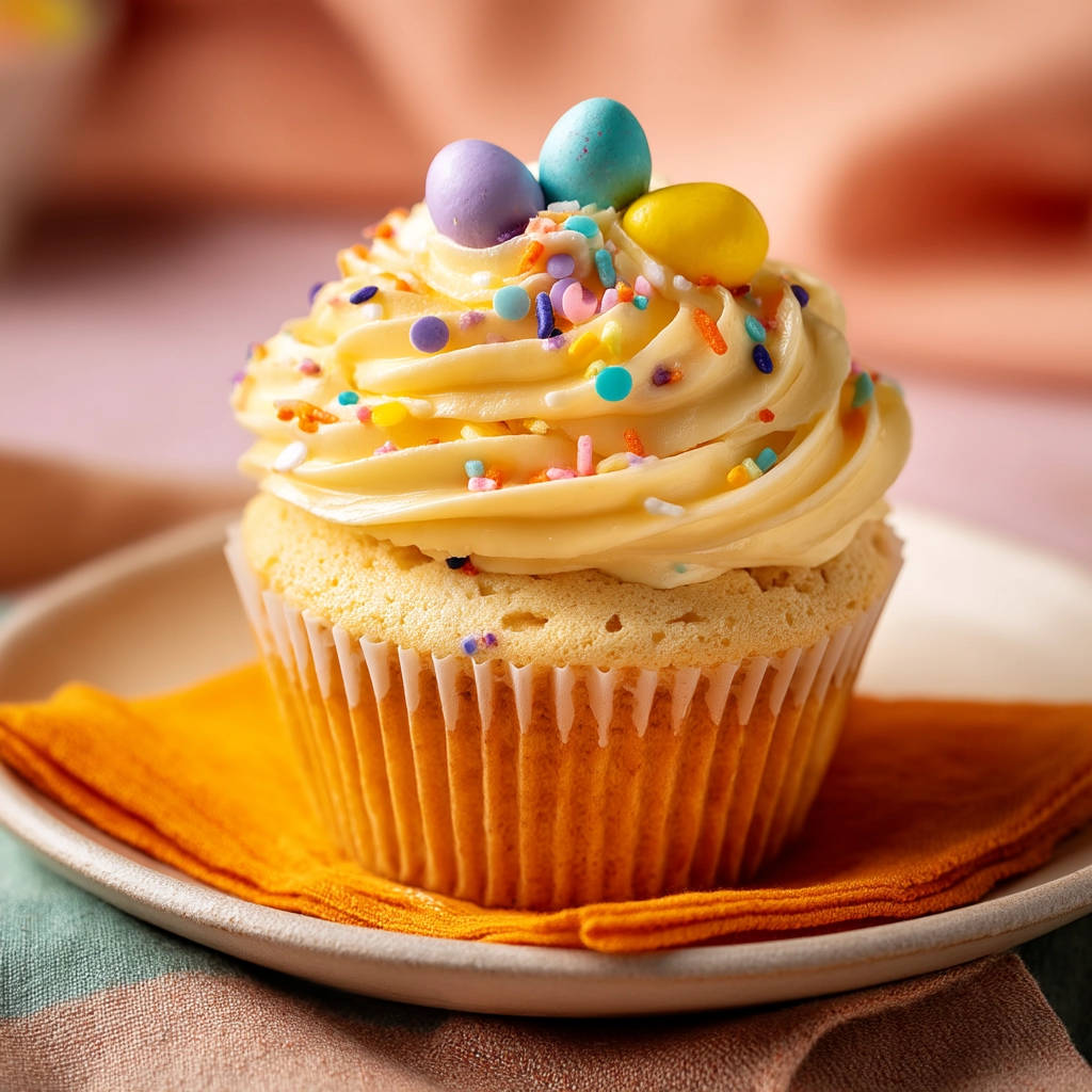 Fluffy vanilla cupcakes topped with pastel Easter eggs and colorful sprinkles, presented on a plate.