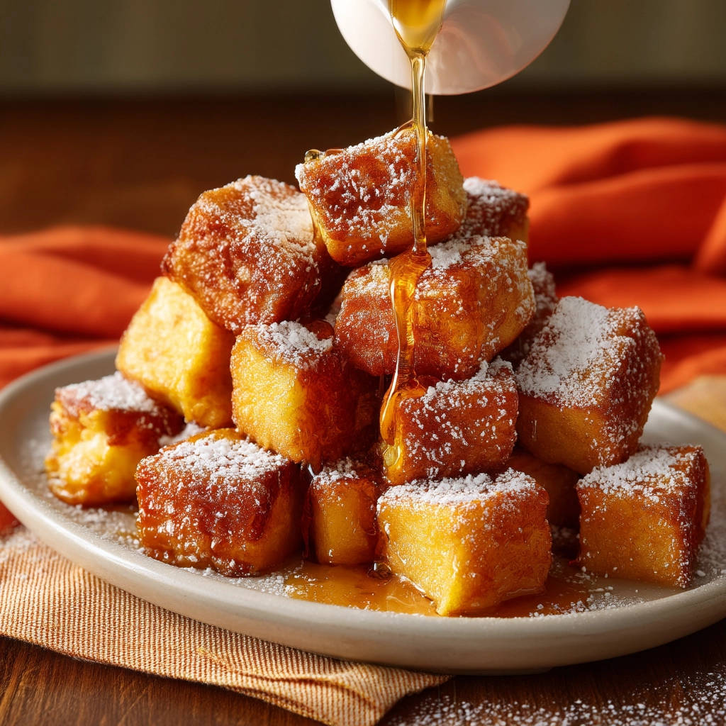 French toast bites drizzled with honey and sprinkled with powdered sugar, piled high on a plate.