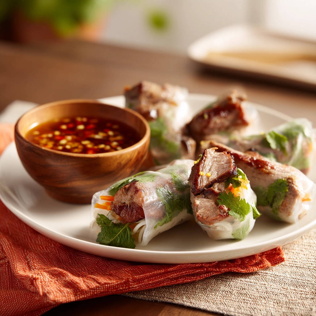 Fresh spring rolls with pork and vegetables on a plate, served with a side of dipping sauce.