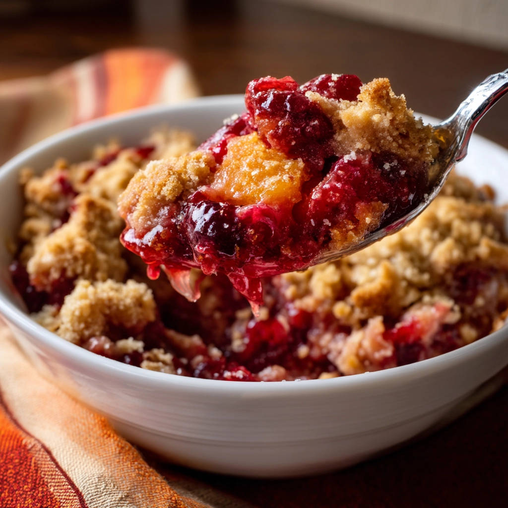 Easy fruit crumble shown in a close-up spoonful, highlighting the juicy berry and peach filling with crumb topping.