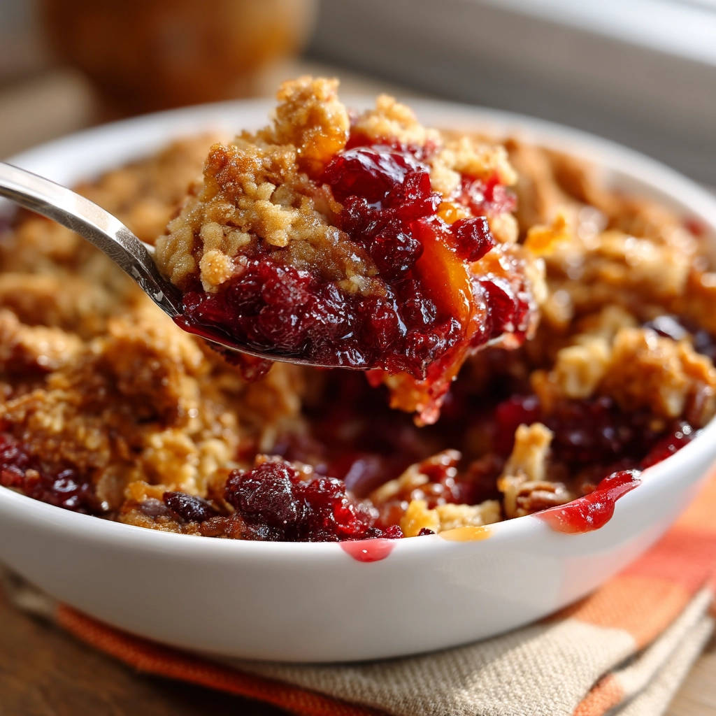 Easy fruit crumble with a spoonful of topping and juicy red fruit, showing the crumb texture.
