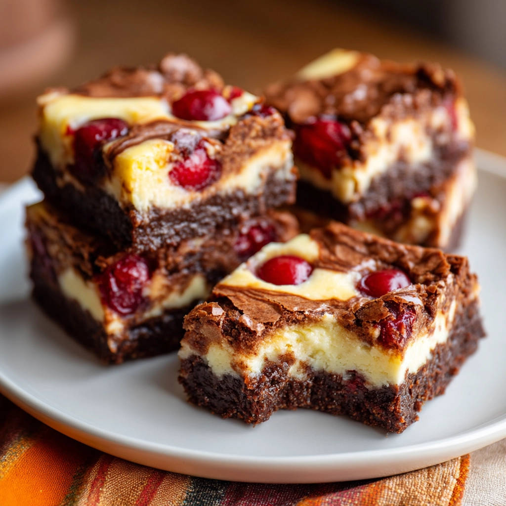 Fudgy cherry cheesecake brownies with a bite taken out, showing the rich layers.