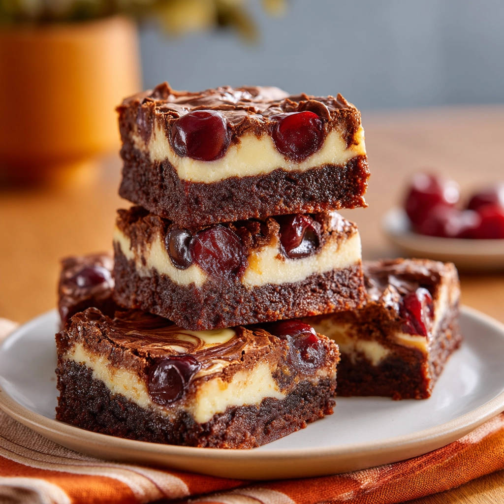 Fudgy cherry cheesecake brownies stacked on a plate, showing a close-up of the rich chocolate, creamy cheesecake, and cherry layers.