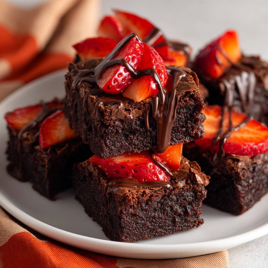 Fudgy strawberry brownies stacked high, topped with fresh strawberries and drizzled with chocolate sauce.