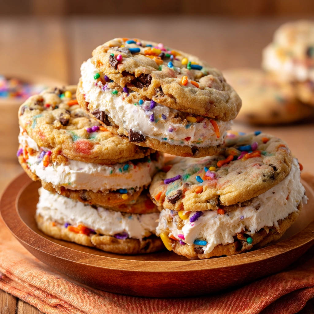 Funfetti cookie ice cream sandwiches stacked high on a wooden plate, showcasing a close-up view of the ice cream and colorful sprinkles.