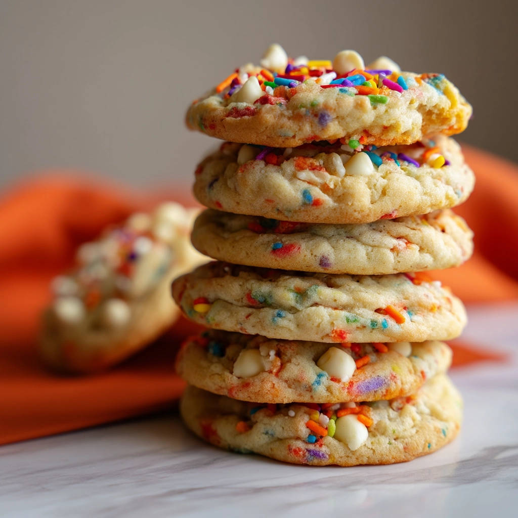 Perfectly thick funfetti cookies stacked high on a marble surface with a blurred orange napkin in the background.