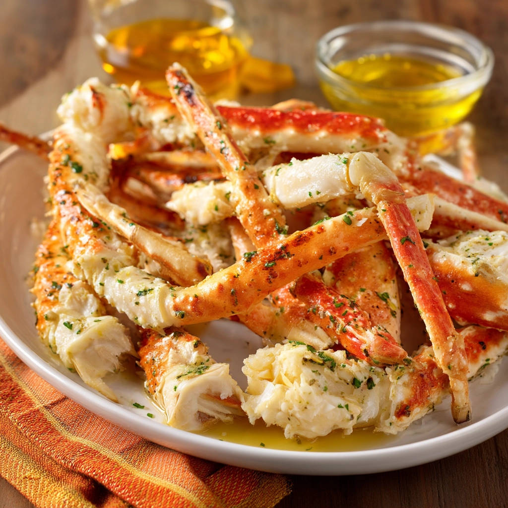 Garlic butter crab legs are piled high on a white plate, glistening with melted butter and herbs.