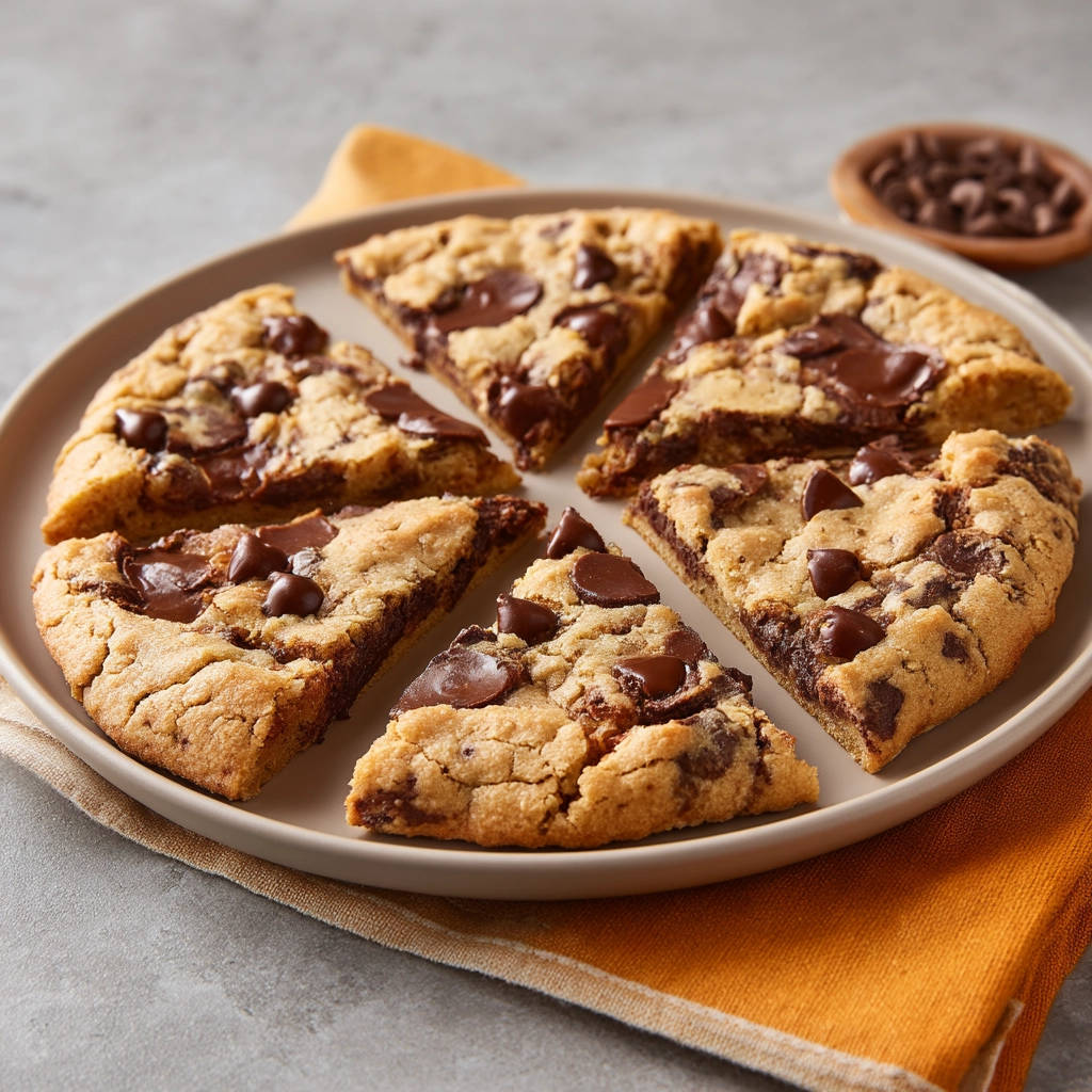 Giant Chocolate Chip Cookie Pizza sliced into wedges and arranged on a plate, showing its texture.