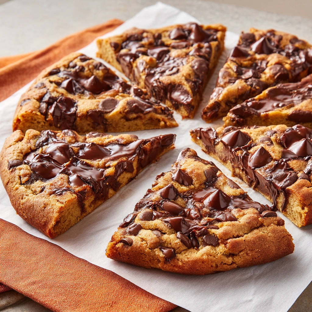 Giant chocolate chip cookie pizza sliced into wedges, showcasing a rich chocolate chip texture.