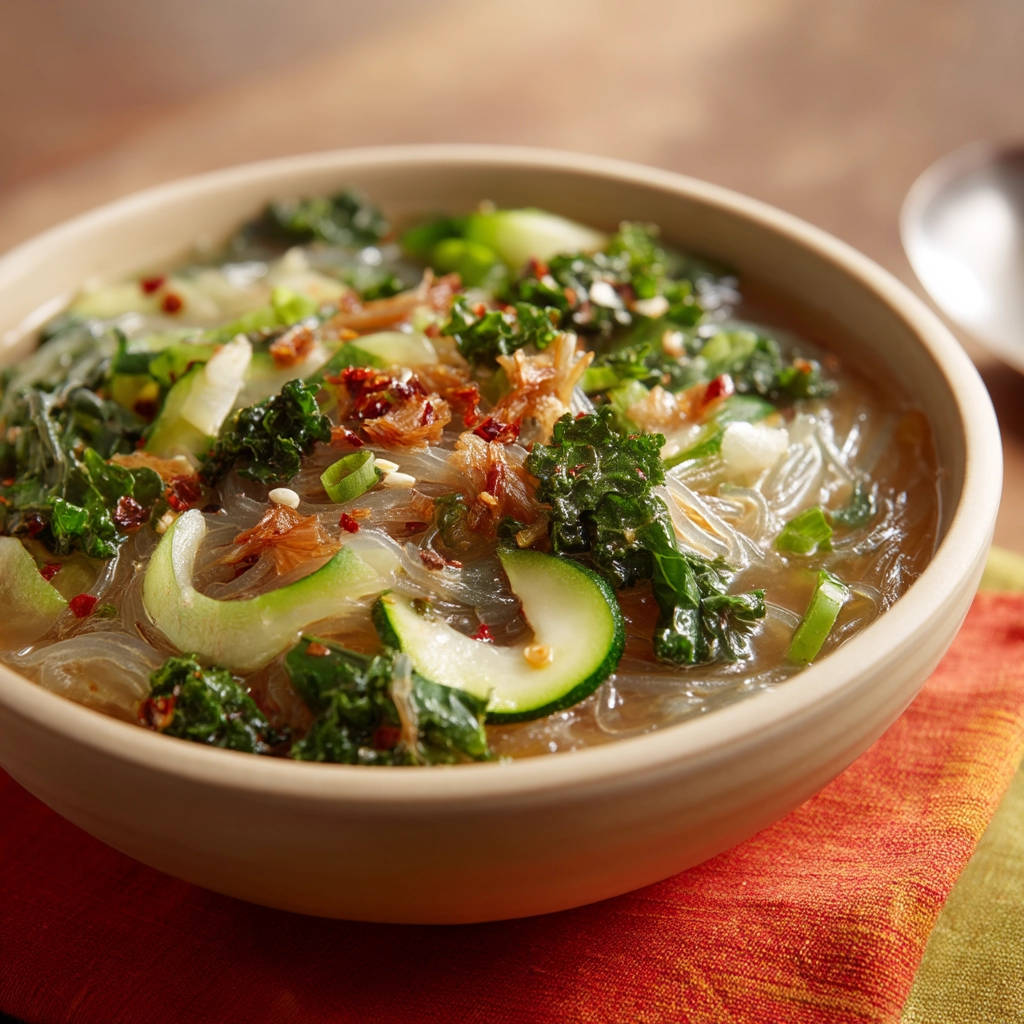Glass noodle soup in a bowl, featuring kale, zucchini, and chili flakes, with a close-up view of the ingredients.