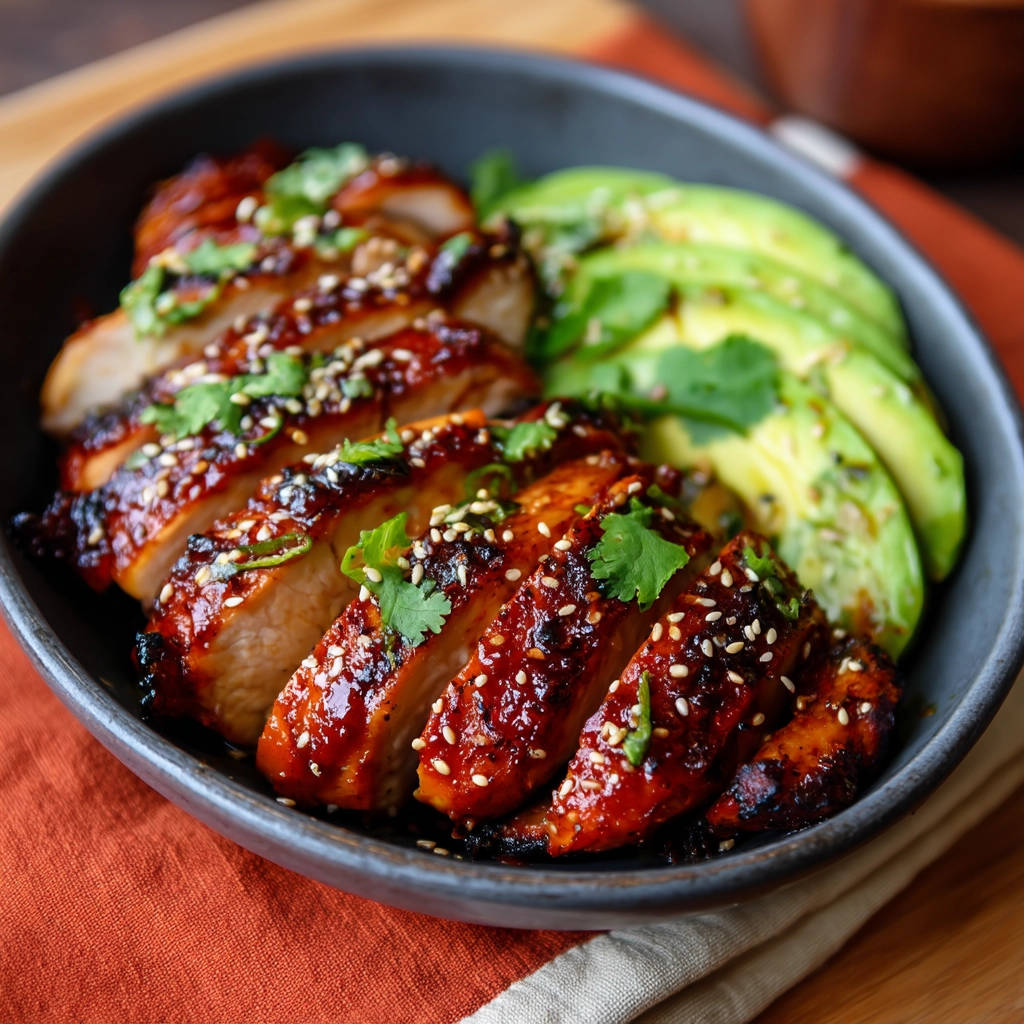 Glazed chicken perfection, sliced and garnished with sesame seeds and cilantro, served with avocado.