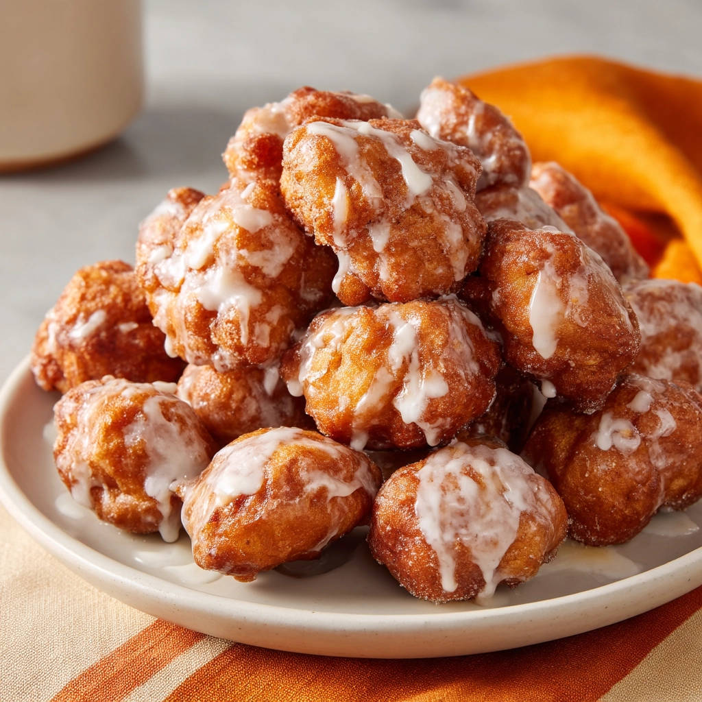 Easy glazed fritter bites are piled high on a plate, showing their golden-brown texture and drizzled icing.