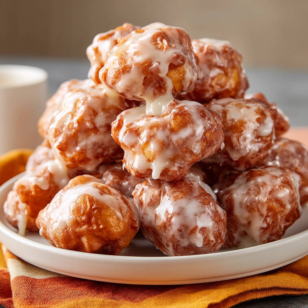 Easy glazed fritter bites, a pile of light and airy fritters drizzled with glaze on a white plate.