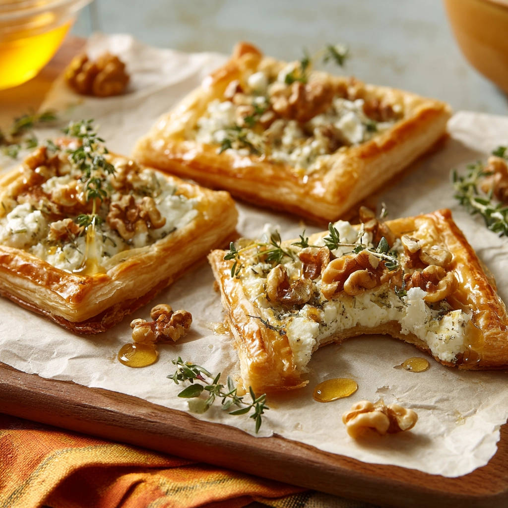 Goat cheese walnut pastry bites drizzled with honey and garnished with fresh thyme, one bite taken.