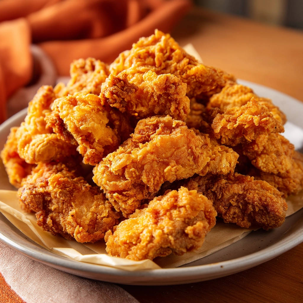 Golden fried chicken bites piled high on a plate, showcasing their golden-brown, textured coating.